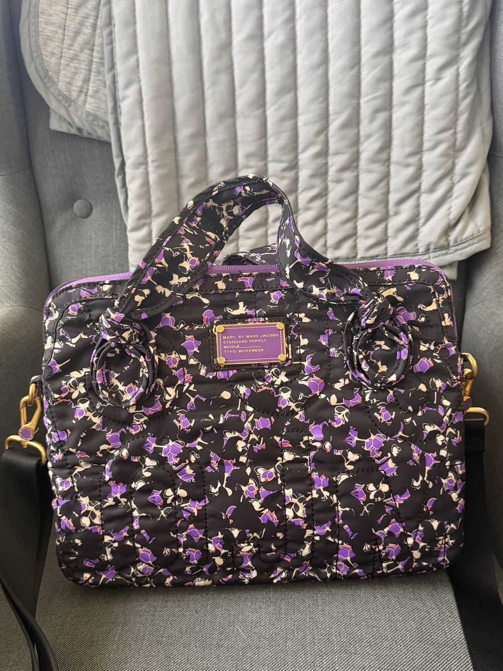 Marc by Marc Jacobs Black Quilted Floral Laptop Tote with Purple Accents